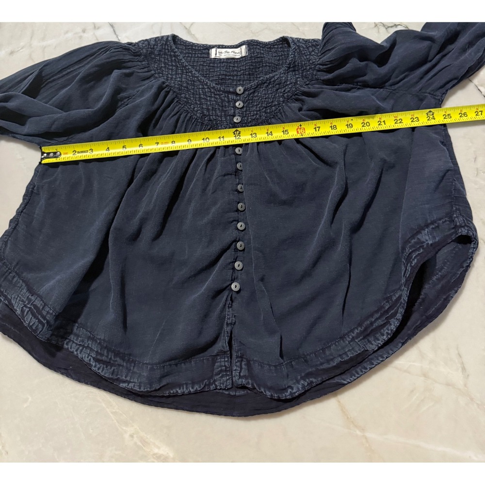 Free People We The Free Navy Blue Smocked Button Down Peasant Blouse Top - Picture 8 of 11